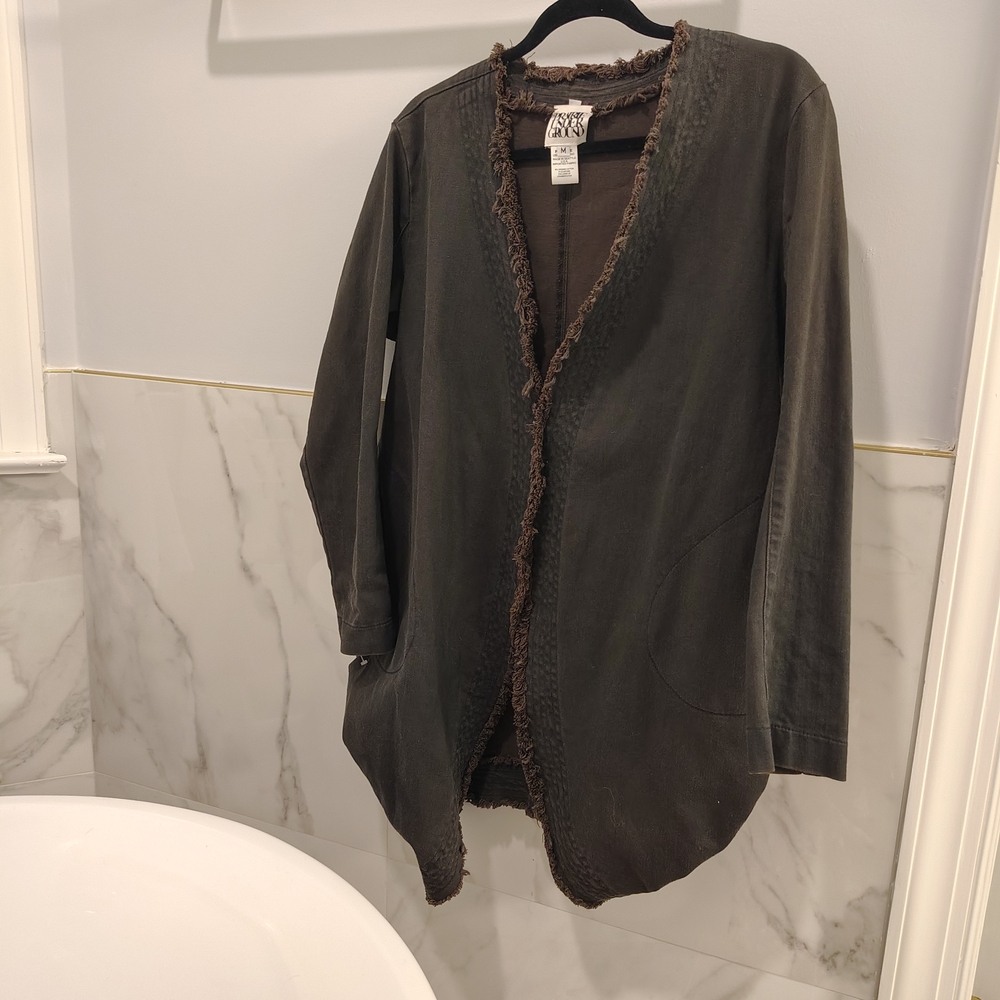 Prairie Underground dark Denim Distressed Trim Long Open Jacket - Picture 2 of 15